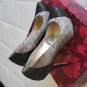 Lulu Townsend Vivian Black, Ivory, Black Netting, Black Sequence Stilleto Pumps